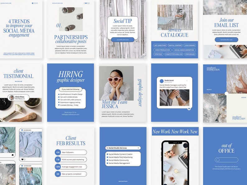 Pu&ograve; includere: Un collage di nove modelli di storie Instagram blu e bianchi con testo sul marketing dei social media, l'assunzione di un grafico, le testimonianze dei clienti e i servizi offerti. Il testo include "4 tendenze per migliorare il tuo coinvolgimento sui social media", "Partnership Post collaborativi", "Testimonianza del cliente", "Assunzione Grafico", "Suggerimento social", "Catalogo dei servizi", "Incontra il team Jessica", "Risultati del cliente di febbraio" e "Iscriviti alla nostra mailing list".