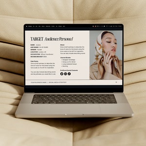May include: A laptop computer screen displaying a target audience persona for a business. The persona is named "Jessica" and is a 20-29 year old female living in London, UK. She works as an office coordinator and has an income bracket of $50k. The persona includes information about her interests, preferred social channels, and pain points.
