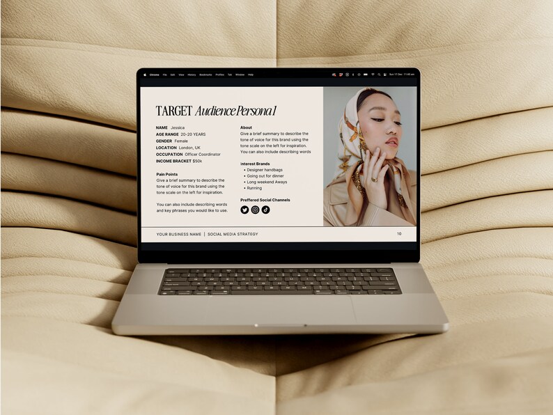 May include: A laptop computer screen displaying a target audience persona for a business. The persona is named "Jessica" and is a 20-29 year old female living in London, UK. She works as an office coordinator and has an income bracket of $50k. The persona includes information about her interests, preferred social channels, and pain points.