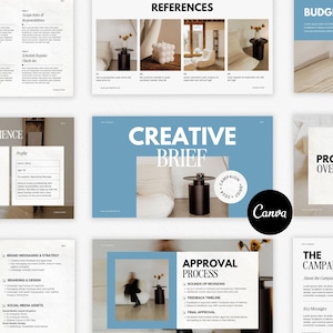 May include: A presentation template for a creative brief, featuring a blue and white color scheme with text that reads "Creative Brief" and "Campaign Brief". The template includes sections for references, target audience, budget, project overview, and approval process.