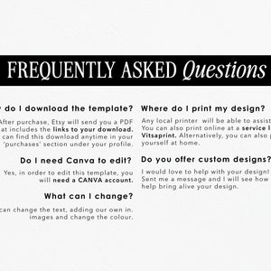 Puede incluir: Un gr&aacute;fico en blanco y negro con preguntas frecuentes sobre la descarga, edici&oacute;n e impresi&oacute;n de una plantilla de dise&ntilde;o. El texto incluye informaci&oacute;n sobre el uso de Canva, la impresi&oacute;n en casa o con un servicio como Vitsaprint, y la solicitud de dise&ntilde;os personalizados.