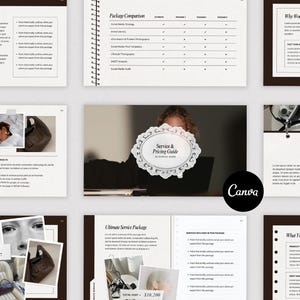 Peut inclure: Un modèle de guide de services et de tarifs composé de plusieurs pages avec des bordures marron foncé, des fonds blancs et du texte noir. La mise en page comprend des sections pour les comparaisons de forfaits, les détails et des espaces photo.