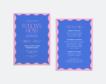 Modern Hens & Bachelorette Invite | Bachelorette Party | Editable Colours | Wavy Border Design | Instant Download | Print at Home