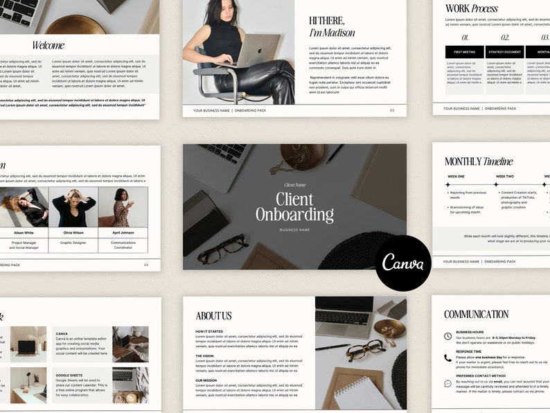 May include: A presentation slide deck with a black and white color scheme. The slides include text about client onboarding, a monthly timeline, communication, and a work process. The slides also feature images of a woman working on a laptop, a woman with glasses, and a woman with a laptop.