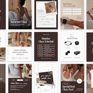 May include: A collage of promotional materials for Core Pilates classes. The images feature text such as "Special Deals Class Pack", "Reformer Class", "Mat Pilates Class Schedule", and "Flow Class". The color scheme is primarily brown and white.