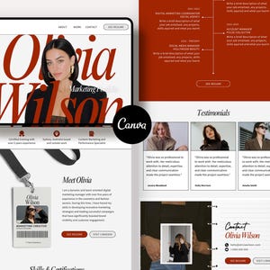 以下が含まれることがあります： Olivia Wilsonという名前、プロのヘッドショット、ナビゲーションメニューを備えたヒーローセクションを特徴とするデジタルマーケティングポートフォリオのウェブサイトテンプレート。レイアウトには、赤と白の配色で、職務経歴、推薦文、連絡先情報のセクションが含まれています。