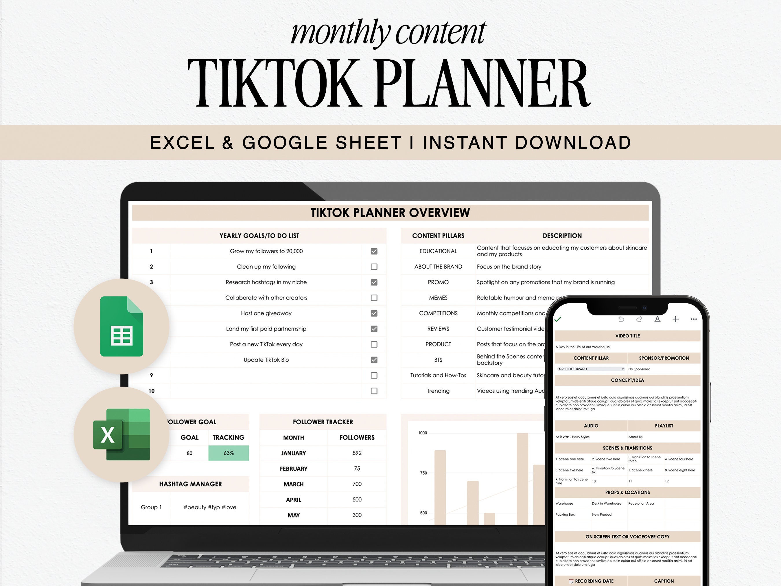 TikTok & Reel Video Content Planner  | Google Sheet Spreadsheets | Excel Spreadsheet | Batch Content | Digital Download