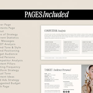 May include: A black and white graphic showing the pages included in a social media strategy guide. The pages include a cover page, contents page, about, aims of strategy, current statistics, key messages, SWOT analysis, brand tone and style, brand positioning, target audience, brand persona, competitor analysis, content pillars, posting frequency, platform strategy, visual tone, content ideas, paid ads strategy, suggested budget, and back page.