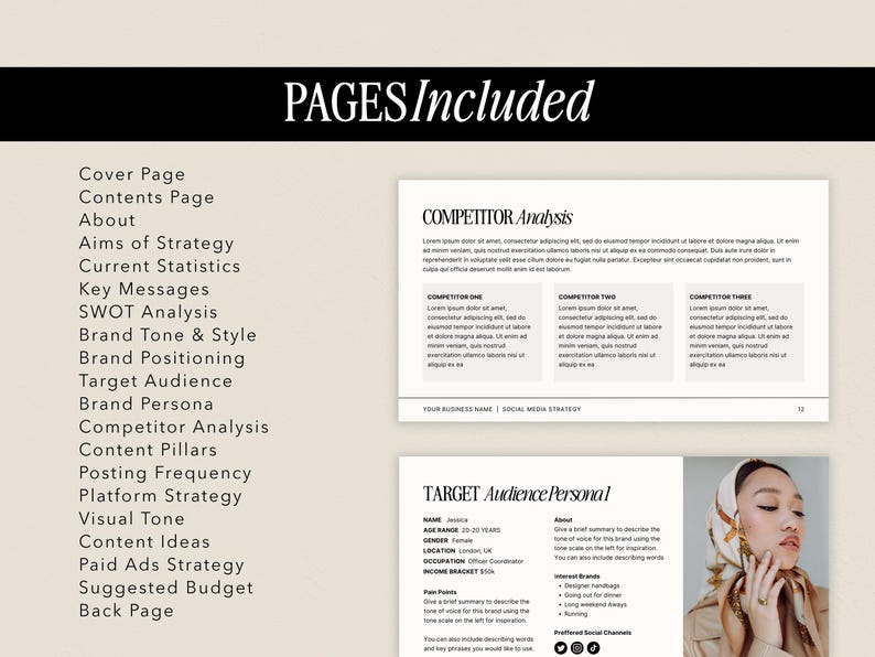May include: A black and white graphic showing the pages included in a social media strategy guide. The pages include a cover page, contents page, about, aims of strategy, current statistics, key messages, SWOT analysis, brand tone and style, brand positioning, target audience, brand persona, competitor analysis, content pillars, posting frequency, platform strategy, visual tone, content ideas, paid ads strategy, suggested budget, and back page.