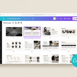 May include: A Canva presentation template with the title "Client Onboarding" and a series of slides with text and images. The slides cover topics such as "Meet the Team", "Our Services", "Our Package", "Billing Process", "Communication", and "Delivering Success".