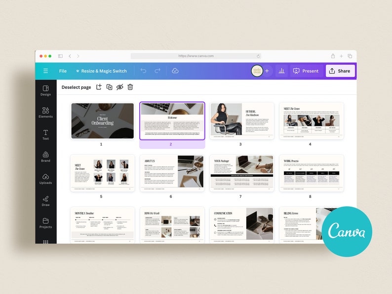 May include: A Canva presentation template with the title "Client Onboarding" and a series of slides with text and images. The slides cover topics such as "Meet the Team", "Our Services", "Our Package", "Billing Process", "Communication", and "Delivering Success".
