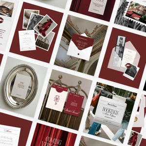 May include: A collage of images with a burgundy background. The images include photographs, cards, and envelopes with text and decorative elements. Some cards have a bow design, and others feature text like "Now Booking" and "Studio Secret."