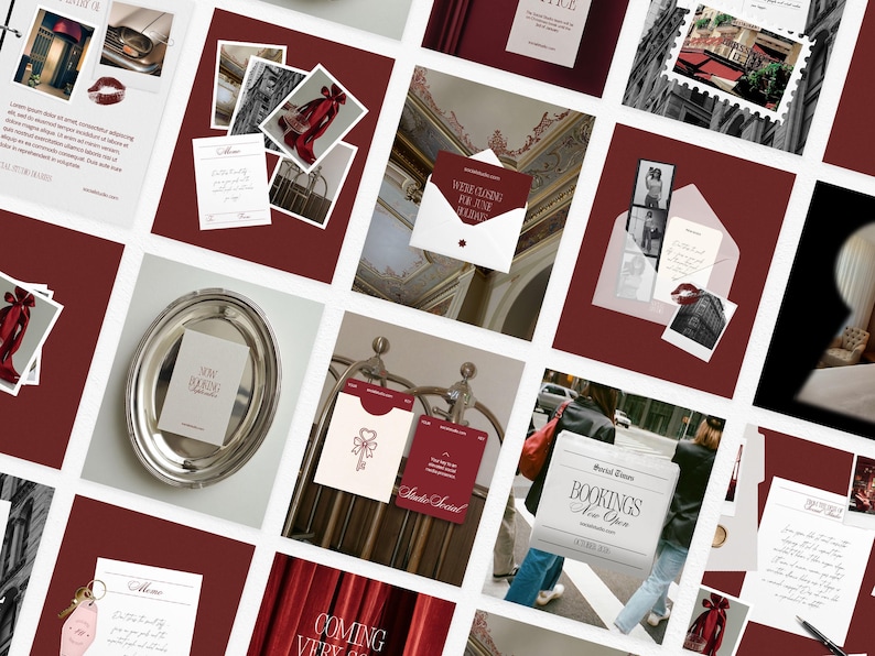 May include: A collage of images with a burgundy background. The images include photographs, cards, and envelopes with text and decorative elements. Some cards have a bow design, and others feature text like "Now Booking" and "Studio Secret."