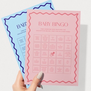 Baby Bingo Game | Modern Baby Shower Games | Instant Download | Print at Home | Wavy Border | Pink or Blue