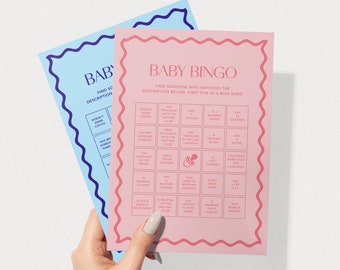 May include: Pink and blue baby bingo cards with a grid of squares containing various descriptions for a baby shower game. The text on the card reads "Baby Bingo" and "Find someone who matched the description below, first five in a row wins!"