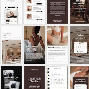 May include: A collection of Core Pilates promotional materials. The images feature class schedules, studio details, and special offers. The colour scheme is mainly brown and white, with images of people doing Pilates.