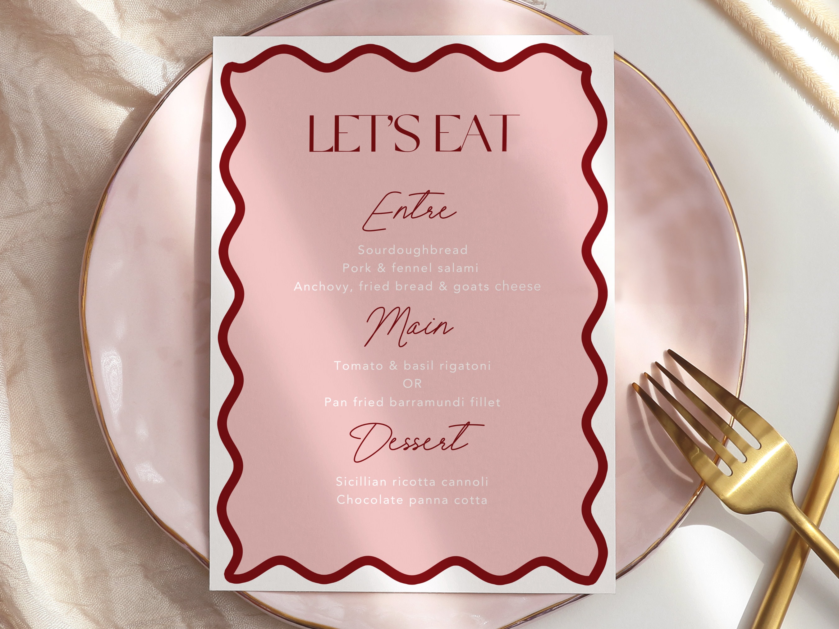 Modern Menu | Pink and Red | Wavy Border Design | Party Stationery | Instant Download | Print at Home