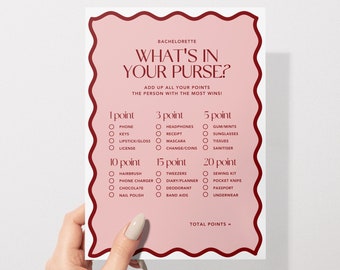 What's In Your Purse Game | Hens & Bridal Shower Party Game | Bachelorette | Pink + Red | Instant Download | Print at Home | Wavy Border