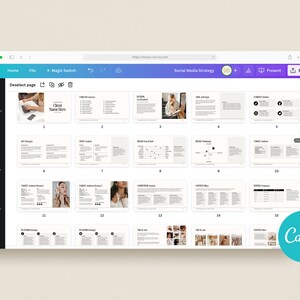 May include: A screenshot of a Canva presentation template for a social media strategy. The template includes sections for target audience, brand messaging, content calendar, and more. The template is designed in a modern and minimalist style with a neutral color palette.