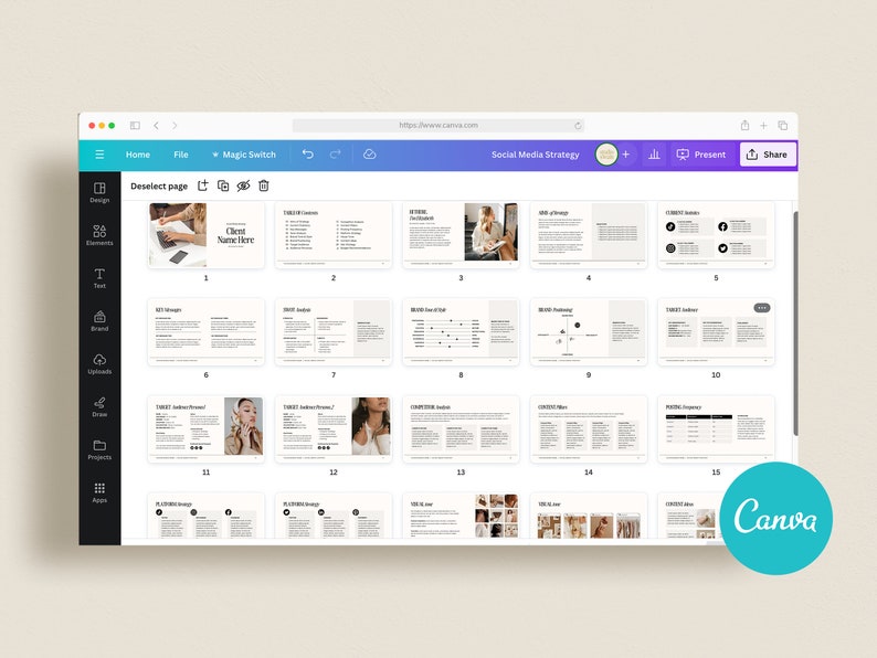 May include: A screenshot of a Canva presentation template for a social media strategy. The template includes sections for target audience, brand messaging, content calendar, and more. The template is designed in a modern and minimalist style with a neutral color palette.