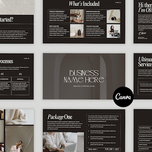 Könnte beinhalten: Eine Sammlung von Präsentationsfolien für Unternehmen in Dunkelgrau und Weiß. Die Folien enthalten Titel wie „Ready to Get Started?“, „What's Included“, „Workflow & Processes“ und „Ultimate Service Package“. Das Canva-Logo ist sichtbar.