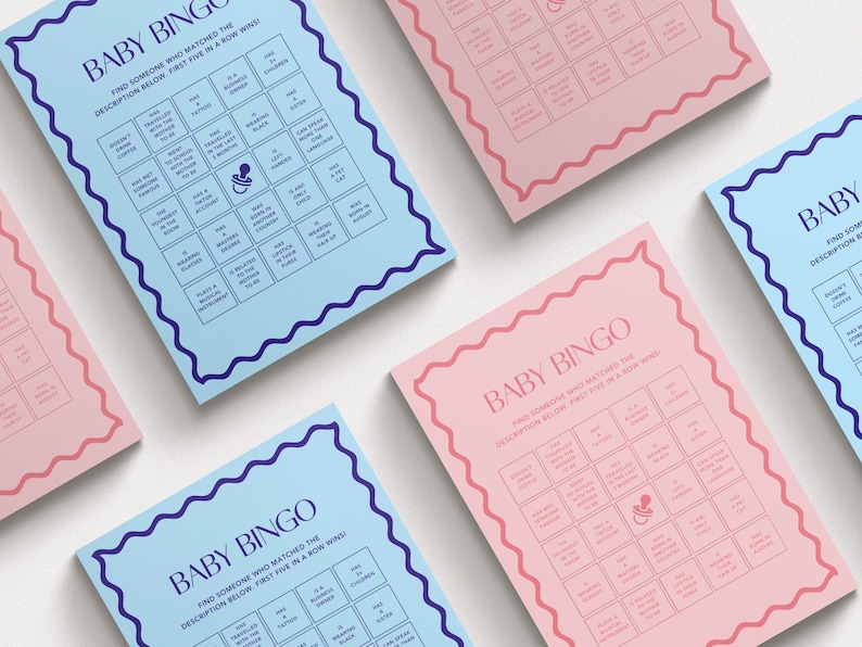 May include: Three pink and blue baby bingo cards with a pacifier icon in the center. The cards have a list of descriptions to match with guests at a baby shower. The text on the cards reads "Baby Bingo. Find someone who matched the description below. First five in a row wins!"