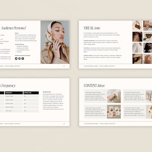 May include: A social media strategy guide with sections on target audience, posting frequency, content ideas, and visual tone. The guide includes a visual example of a target audience persona, a table with recommended posting frequency for different platforms, and a grid of images representing the visual tone.