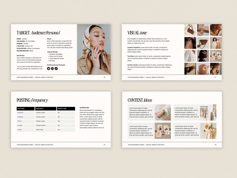 May include: A social media strategy guide with sections on target audience, posting frequency, content ideas, and visual tone. The guide includes a visual example of a target audience persona, a table with recommended posting frequency for different platforms, and a grid of images representing the visual tone.