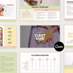 Może przedstawiać: Szablon raportu z mediów społecznościowych w kolorze różowym i zielonym. Raport zawiera miesięczny przegląd, przegląd platformy, dane demograficzne i najlepsze posty na Instagramie. Raport nosi tytuł "Raport z mediów społecznościowych" i zawiera nazwę klienta. Raport został zaprojektowany do użytku przez firmy w celu śledzenia ich wyników w mediach społecznościowych.