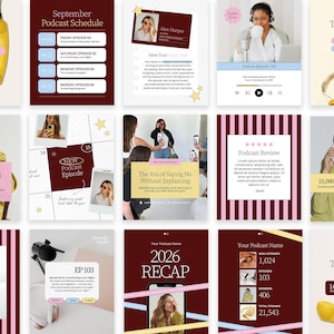 Puede incluir: Una colección de gráficos con temática de podcasts. Las imágenes presentan texto, fotos de mujeres y teléfonos amarillos retro. Los gráficos incluyen horarios de podcasts, detalles de episodios y materiales promocionales.