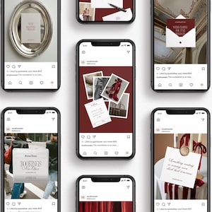 May include: A collection of smartphones displaying various images with a burgundy background. The images include photographs, text, and objects like a silver tray, a red bow, and a white envelope. The overall theme suggests a promotional or lifestyle presentation.