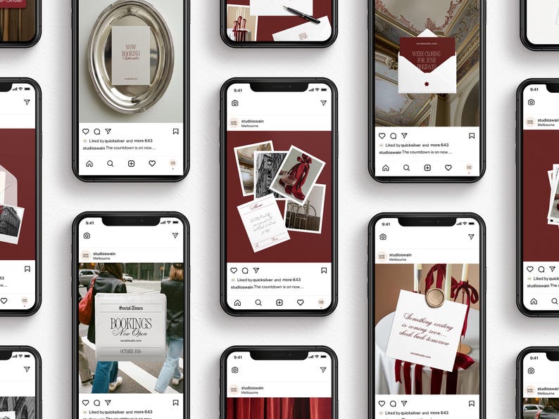 May include: A collection of smartphones displaying various images with a burgundy background. The images include photographs, text, and objects like a silver tray, a red bow, and a white envelope. The overall theme suggests a promotional or lifestyle presentation.
