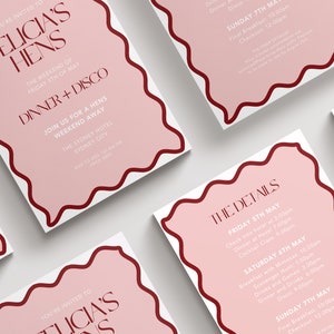 May include: A pink and white invitation with a red border. The invitation is for a hen party called "Felicia's Hens" and includes the details for a weekend away at The Sydney Hotel in Sydney City. The weekend includes dinner, disco, breakfast, scavenger hunt, drinks, games, and a cocktail class.