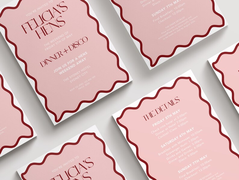 May include: A pink and white invitation with a red border. The invitation is for a hen party called "Felicia's Hens" and includes the details for a weekend away at The Sydney Hotel in Sydney City. The weekend includes dinner, disco, breakfast, scavenger hunt, drinks, games, and a cocktail class.