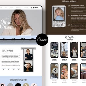 Könnte beinhalten: Eine digitale Portfolio-Website-Vorlage mit einem Header-Bereich mit dem Namen Olivia Wilson, einem Abschnitt mit dem Titel Why work with me und einem My Portfolio-Bereich, der mehrere Videovorschaubilder mit den Bezeichnungen unboxing, hook und product review zeigt.