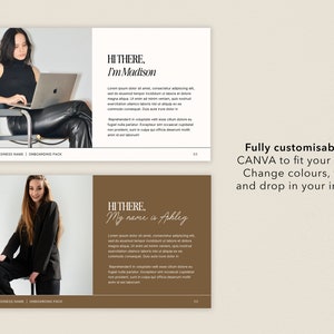 May include: Two slides with a brown background and a woman in a black outfit sitting on a chair. The first slide has the text "HI THERE, I'm Madison" and the second slide has the text "HI THERE, My name is Ashley". The text "Fully customisable in CANVA to fit your brand. Change colours, fonts and drop in your images" is at the bottom of the image.