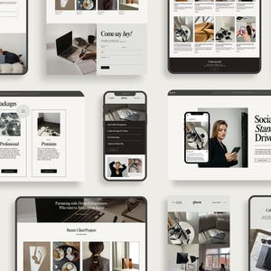 Peut inclure: Plusieurs appareils num&eacute;riques affichent des maquettes de sites web. On y trouve des ordinateurs portables, des tablettes et des smartphones. Les sites web pr&eacute;sentent un design minimaliste et une palette de couleurs neutres.