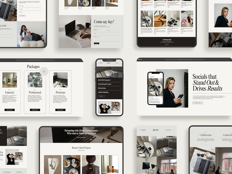 Peut inclure: Plusieurs appareils num&eacute;riques affichent des maquettes de sites web. On y trouve des ordinateurs portables, des tablettes et des smartphones. Les sites web pr&eacute;sentent un design minimaliste et une palette de couleurs neutres.