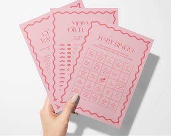 Moderne rosa oder blaue Babyparty-Party-Spiele | Junggesellinnenabschied | Wellenrand | 8 vorgefertigte Spiele Bundle | Sofortdownload | Zuhause ausdrucken