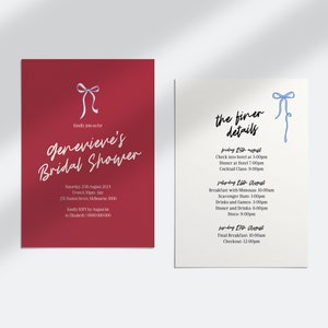 Puede incluir: Una tarjeta de invitación roja con texto blanco para el Bridal Shower de Genevieve. La invitación incluye la fecha, la hora, la ubicación y la información de RSVP. Una tarjeta blanca más pequeña con texto azul detalla los detalles más finos de los eventos del fin de semana, que incluyen una clase de cócteles, una búsqueda del tesoro y una discoteca.