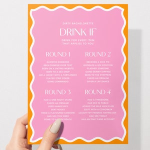 Beber si / Nunca lo he hecho / Juego para fiestas de despedida de soltera y de soltera / Despedida de soltera / Rosa y naranja / Descarga instantánea / Borde ondulado / 204