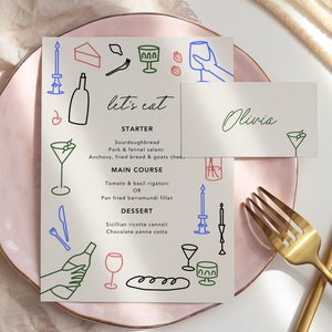 Menu per eventi a tema mediterraneo e modello di apparecchiatura / Modello Canva / Modello digitale / Download immediato / Etichetta con nome / 607