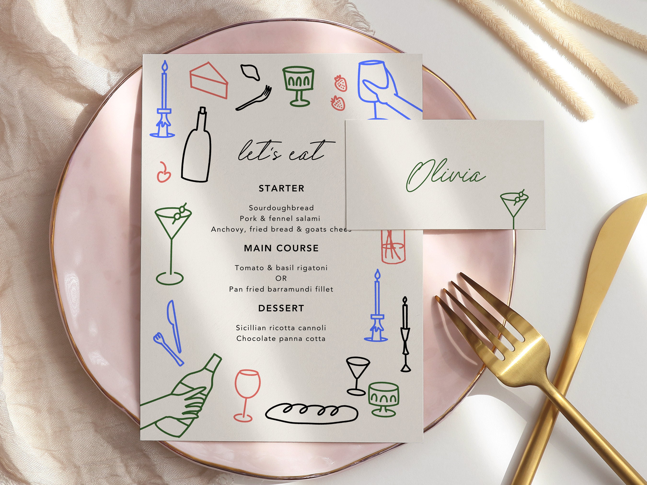 Mediterranean Theme Event Menu and Place Setting Template | Canva Template | Digital Template | Instant Download | Name Tag | 607