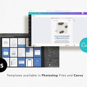 Pu&ograve; includere: Uno screenshot di uno schermo di computer che mostra un modello di design Canva per i post sui social media. Il modello &egrave; blu e bianco con il testo "PARTNERSHIPS collaborative posts" e il numero "01." Il modello &egrave; anche disponibile in Photoshop.