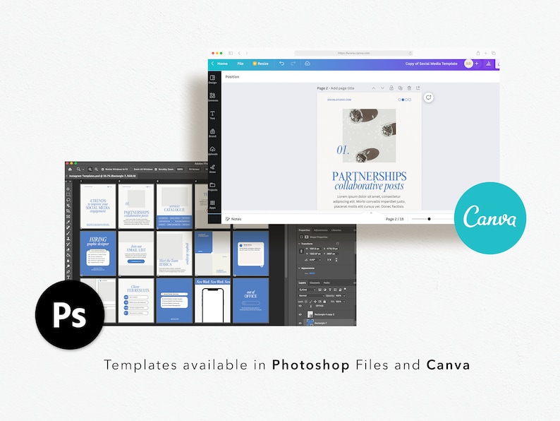 Pu&ograve; includere: Uno screenshot di uno schermo di computer che mostra un modello di design Canva per i post sui social media. Il modello &egrave; blu e bianco con il testo "PARTNERSHIPS collaborative posts" e il numero "01." Il modello &egrave; anche disponibile in Photoshop.