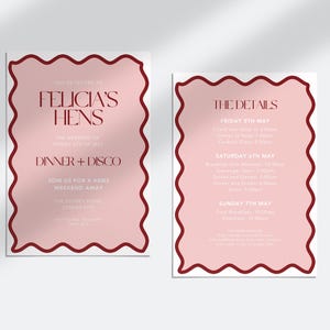 Modern Hens & Bachelorette Invite | Bachelorette Party | Red and Pink | Wavy Border Design | Instant Download | Print at Home