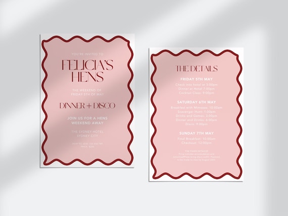 Pink & Red Hens Party Invite | Wavy Border Design (Instant Download)