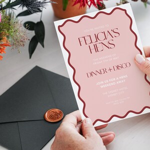 May include: A pink and red invitation card with the text "You're invited to Felicia's Hens The weekend of Friday 5th of May Dinner + Disco Join us for a hens weekend away The Sydney Hotel Sydney City"