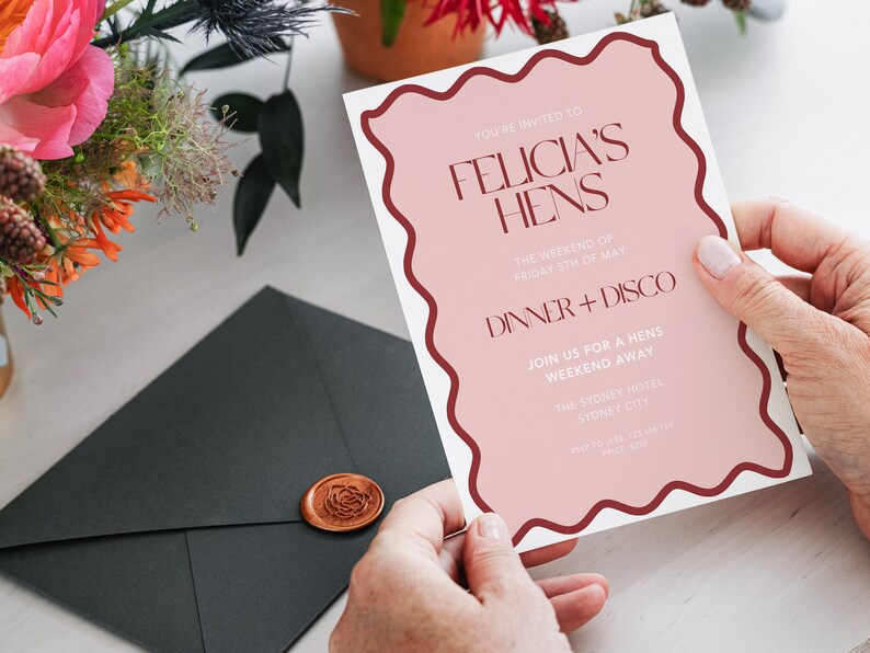 May include: A pink and red invitation card with the text "You're invited to Felicia's Hens The weekend of Friday 5th of May Dinner + Disco Join us for a hens weekend away The Sydney Hotel Sydney City"
