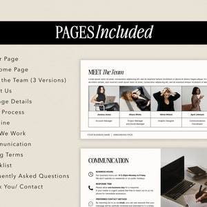 May include: A document with the title "PAGES Included" lists the pages included in an onboarding pack. The pages include a cover page, welcome page, meet the team, about us, package details, work process, timeline, how we work, communication, billing terms, checklist, frequently asked questions, and thank you/contact. The document also includes a section titled "MEET The Team" with photos and descriptions of four team members. The document also includes a section titled "COMMUNICATION" with information about business hours, response time, and preferred contact methods.